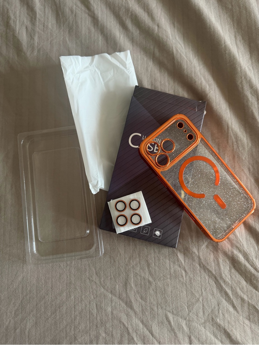 Orange Glitter MagSafe-Compatible iPhone Case with Camera Ring Protectors